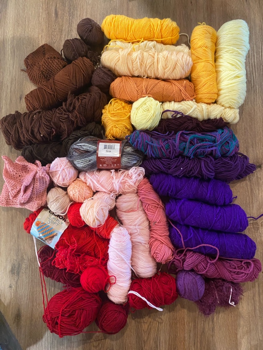 Yarn skeins for craft crochet knitting fiber art sewing brown yellow red purple